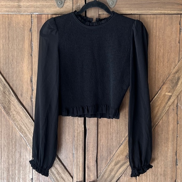 Aritzia Wilfred Tempest Smocked Chiffon Sheer Sleeve Blouse in Black Size Small - Picture 4 of 8